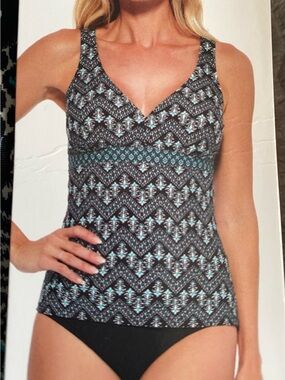 Sleeveless V-Neck Printed Tankini Top in Black and Teal